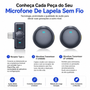 Microfone de Lapela Sem Fio Type-C para Android e IPhone iOS C/Cancelamento de Ruído | Ideal para TikTok, Vídeos, Vlog e Lives